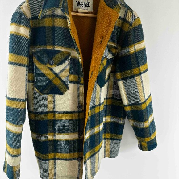 Vintaged Woolrich Jacket Mens Medium Green Yellow Plaid Wool Sherpa Lined - Picture 10 of 11